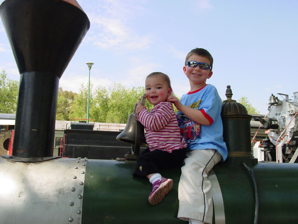 Drew and Fiona on a locomotive, February 2008